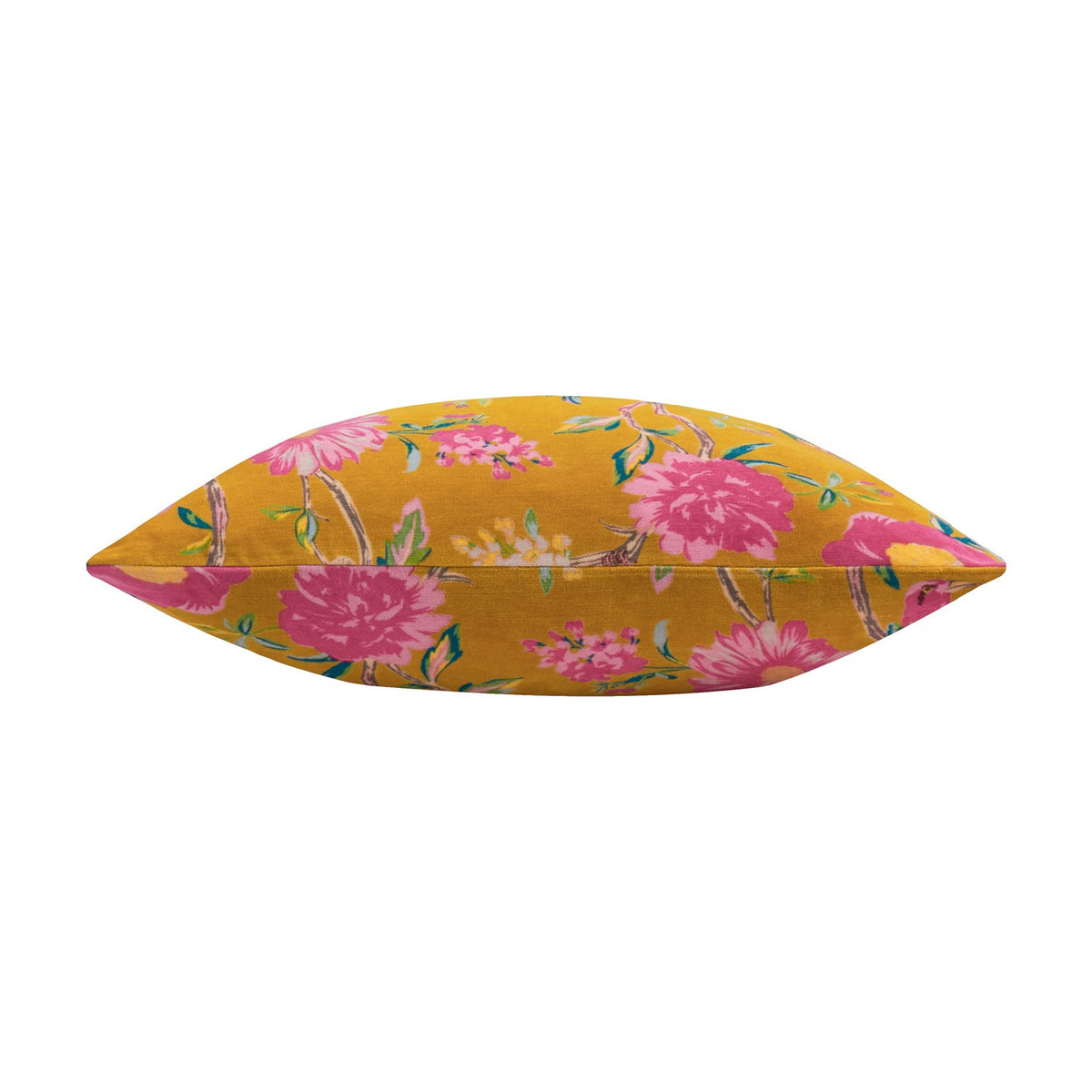 Aviary Velvet Cotton Cushion in gold, shown side-on, with pink peony and floral prints on cotton velvet fabric against a plain white background.