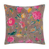 Aviary Velvet Cotton Cushion in mink, square 50 x 50cm with a birds and floral print in pink, teal, and yellow, shown on a plain white background.