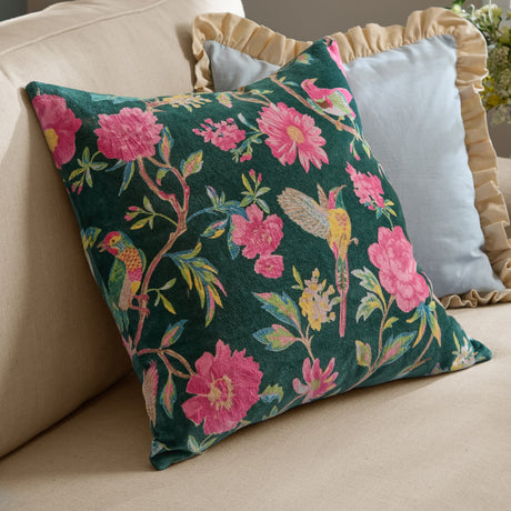 Aviary Velvet Cotton Cushion - Teal Green