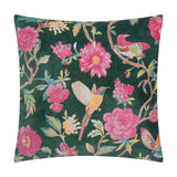 Aviary Velvet Cotton Cushion in teal green, square with pink and yellow floral branches and perched birds printed on a cotton velvet ground, shown against a white background.