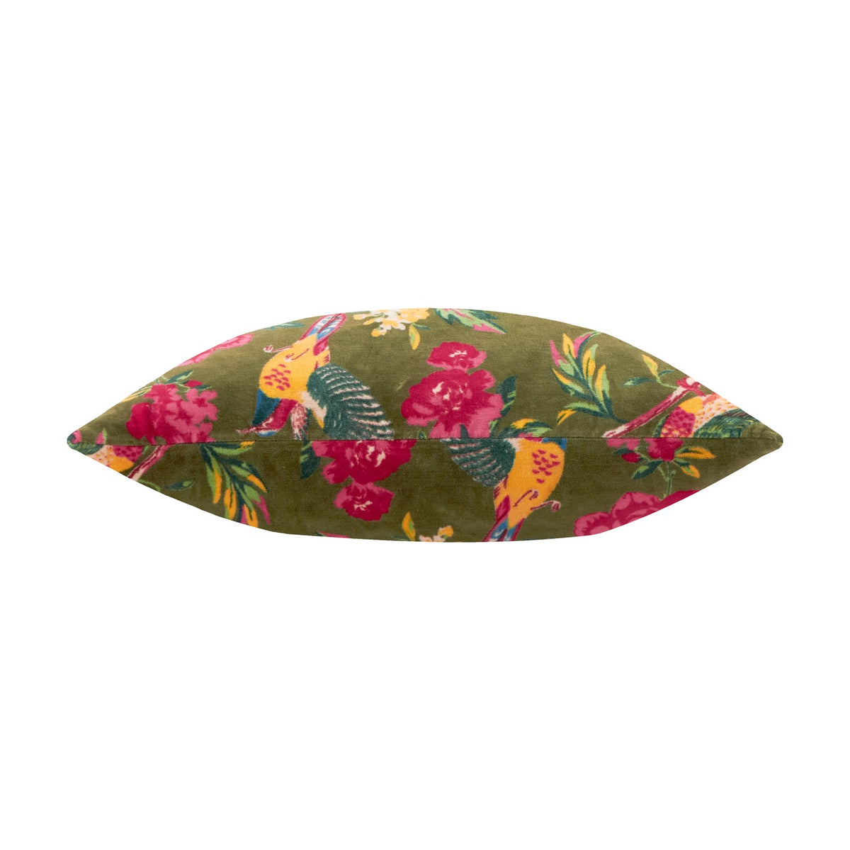 Aviary Velvet Cotton Cushion in Woodgrove Green, shown side-on to reveal its plump shape, printed with garden birds, pink peonies and yellow blooms on olive velvet, set against a white background.