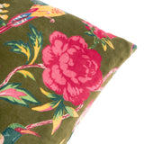 Aviary Velvet Cotton Cushion in Woodgrove Green, close-up of a corner showing a pink peony and bird print on deep olive cotton velvet against a white background.