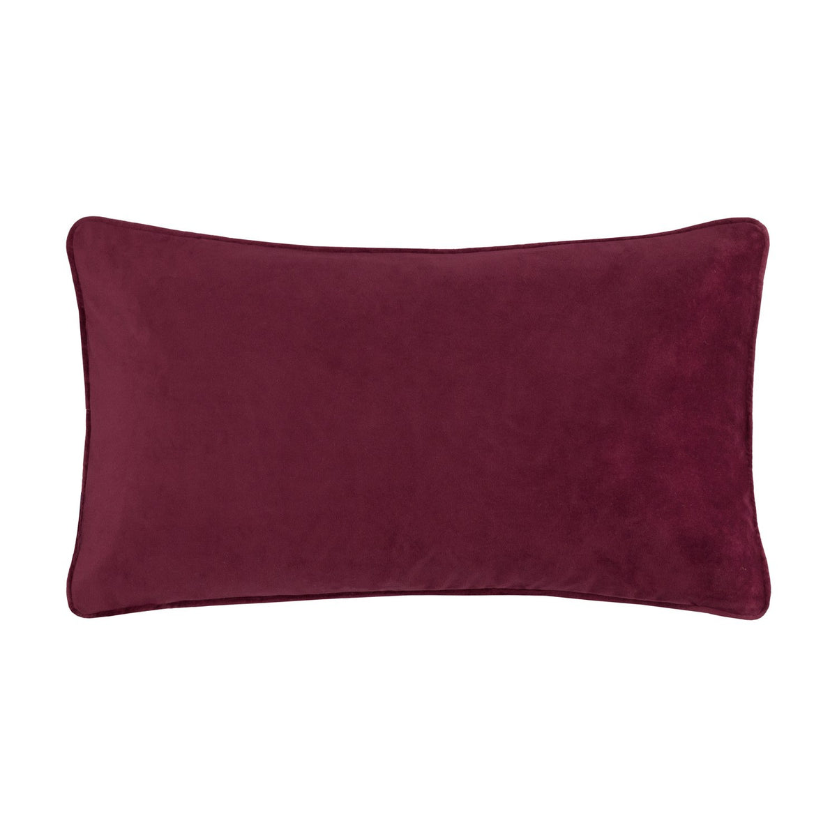 Rectangular lumbar cushion in plain burgundy velvet with a matching piped edge, shown reverse side on a plain white background.