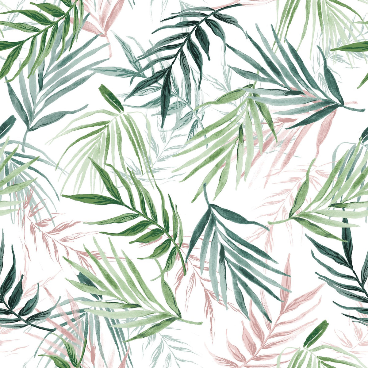 Bali Palm Reversible Botanical Duvet Cover Set in green, hand-drawn palm leaf print in jungle green and soft pink tones on a white polycotton ground.