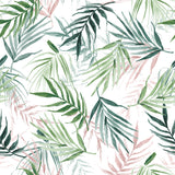 Bali Palm Reversible Botanical Duvet Cover Set in green, hand-drawn palm leaf print in jungle green and soft pink tones on a white polycotton ground.