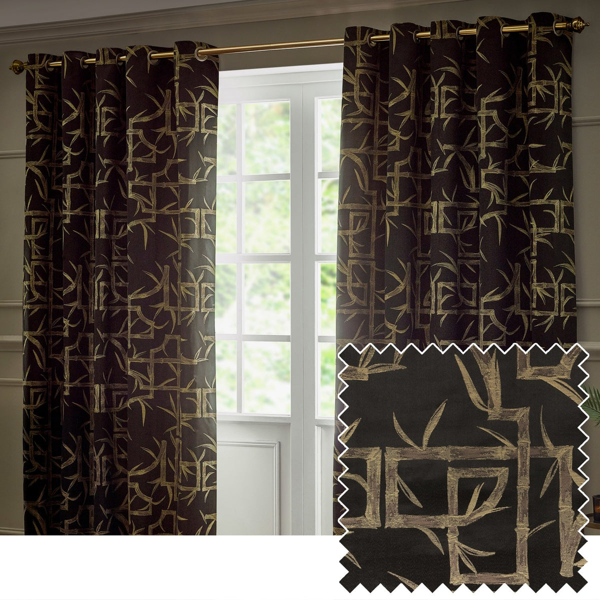 Black eyelet curtain pair with gold bamboo jacquard pattern hung on a brass rod by a window, shown with a matching black and gold fabric swatch.