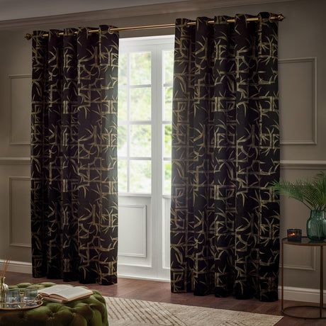 Bamboo Jacquard Lined Eyelet Curtains - Black