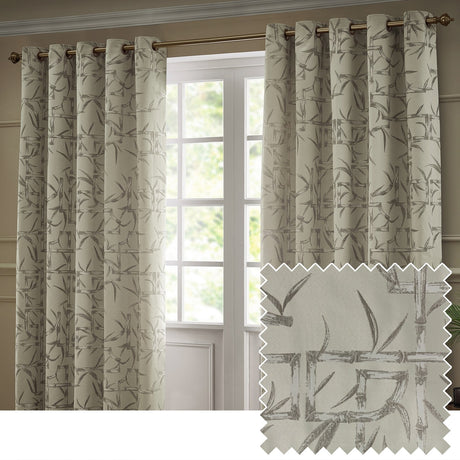Bamboo Jacquard Lined Eyelet Curtains in champagne, hung on a bronze pole beside a window, with a grey bamboo leaf pattern woven into the fabric, shown alongside a fabric swatch.