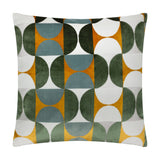 Bardot Geometric Velvet Cushion in gold, green and blue-grey, featuring an interlocking half-circle pattern on cut velvet fabric, shown on a plain white background.