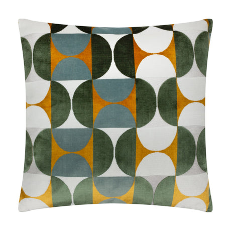 Bardot Geometric Velvet Cushion in gold, green and blue-grey, featuring an interlocking half-circle pattern on cut velvet fabric, shown on a plain white background.