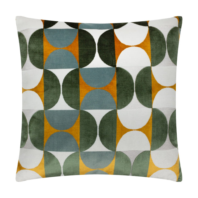 Bardot Geometric Velvet Cushion in gold, green and blue-grey, featuring an interlocking half-circle pattern on cut velvet fabric, shown on a plain white background.