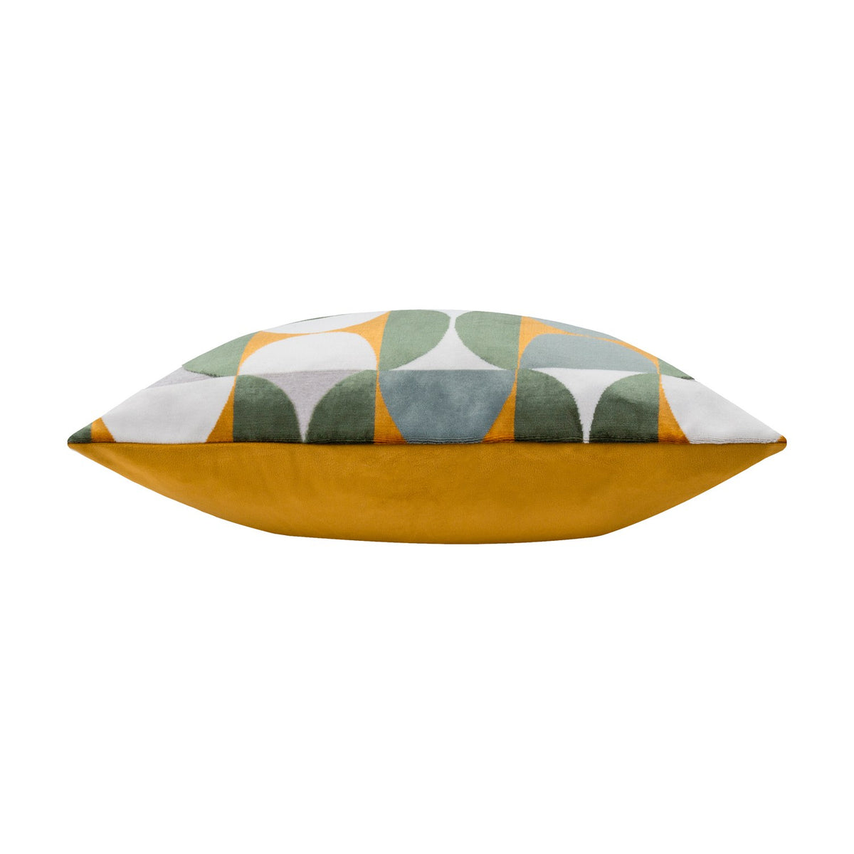 Bardot Geometric Velvet Cushion in gold, green and blue-grey on a solid gold velvet reverse, shown side-on against a plain white background.