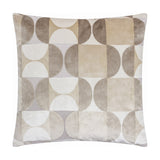 Bardot Geometric Velvet Cushion in Natural, square cut-velvet design with circle and half-circle patterns in beige, oatmeal, stone grey and off-white, shown on a plain white background.