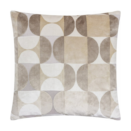 Bardot Geometric Velvet Cushion in Natural, square cut-velvet design with circle and half-circle patterns in beige, oatmeal, stone grey and off-white, shown on a plain white background.