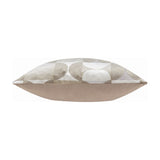 Bardot Geometric Velvet Cushion in Natural, shown side-on with a plain beige velvet back and geometric circle-and-square patterned front in beige, oatmeal and stone grey, on a white background.