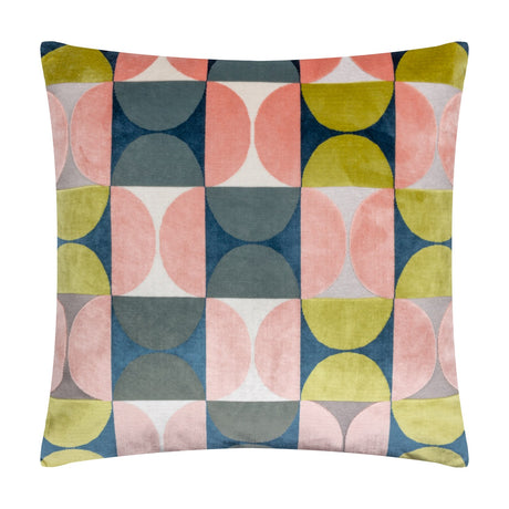 Bardot square cushion in cut velvet, featuring a geometric grid of half-circles in slate blue, navy, dusty pink, cream and avocado green, shown on a plain white background.