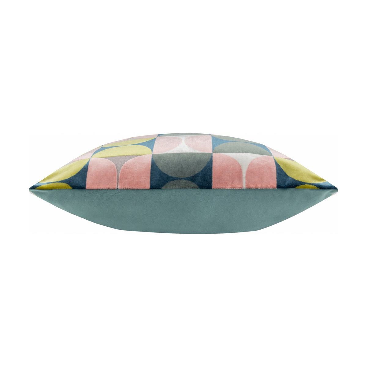 Bardot Geometric Velvet Cushion in pink and avocado green, side view showing a plain teal-blue velvet back panel and the patterned edge, set against a white background.