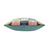 Bardot Geometric Velvet Cushion in pink and avocado green, side view showing a plain teal-blue velvet back panel and the patterned edge, set against a white background.