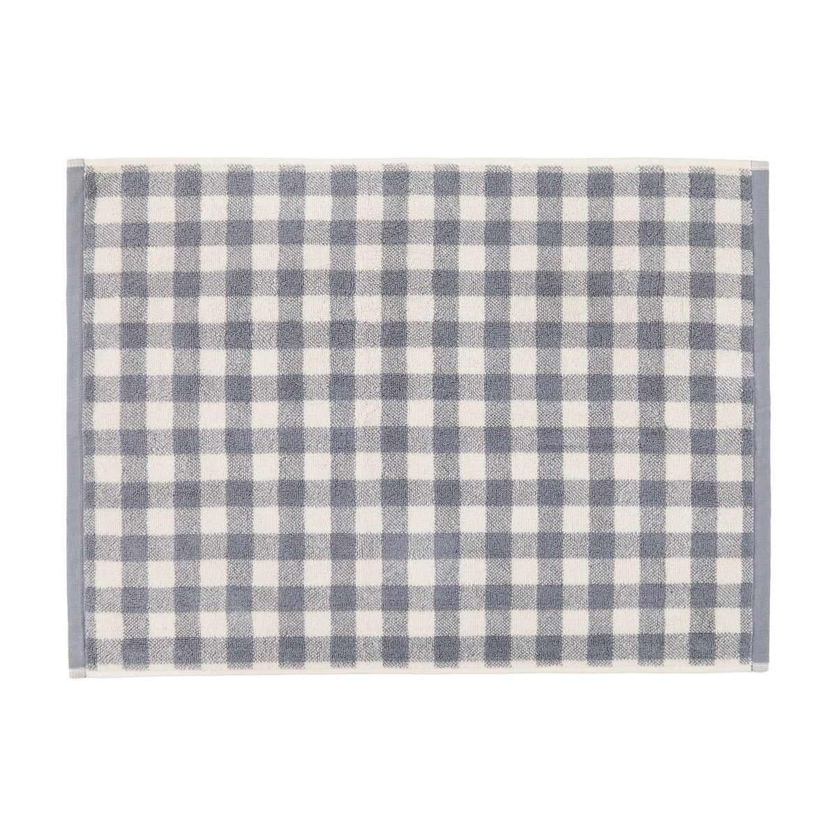 Barton Gingham Cotton Bath Mat in denim blue and cream check with plain woven border, shown flat on a white background.