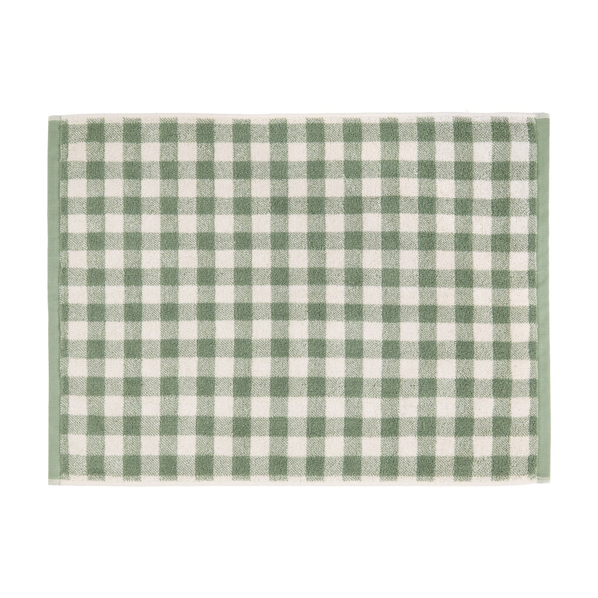 Barton Gingham Cotton Bath Mat in Forest, a rectangular cotton mat with a green and cream gingham check pattern, shown on a plain white background.