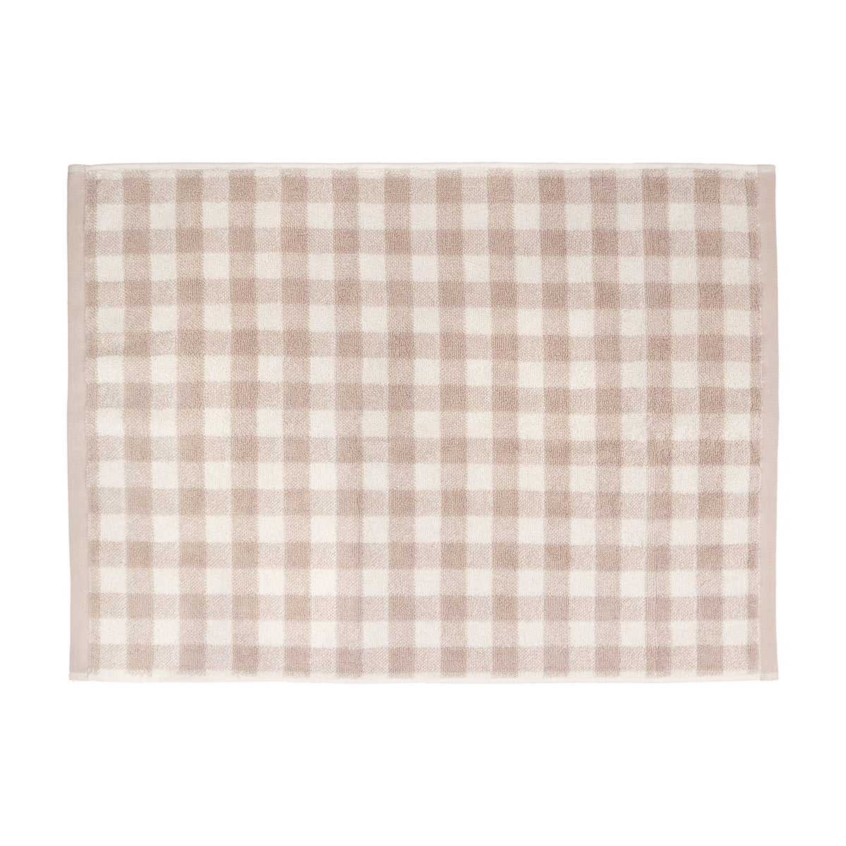Barton Gingham Cotton Bath Mat in natural taupe and cream check, rectangular with plain woven border, shown on a white background.