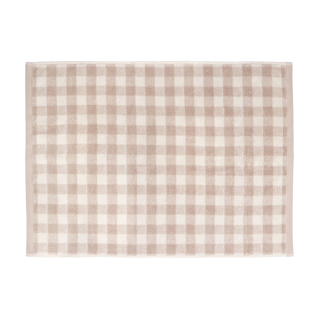 Barton Gingham Cotton Bath Mat in natural taupe and cream check, rectangular with plain woven border, shown on a white background.