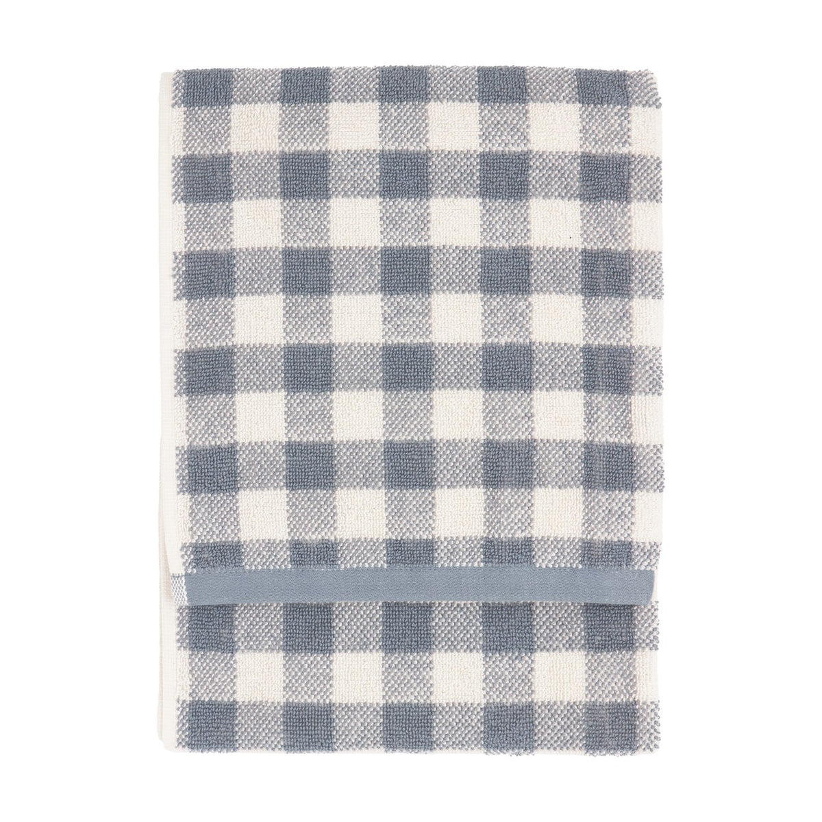 Barton Gingham Cotton Towel folded flat, showing a denim blue and cream check pattern with a woven blue stripe border, on a plain white background.