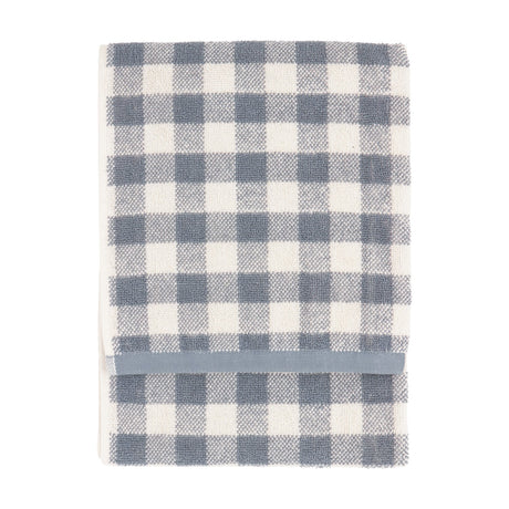 Barton Gingham Cotton Towel folded flat, showing a denim blue and cream check pattern with a woven blue stripe border, on a plain white background.