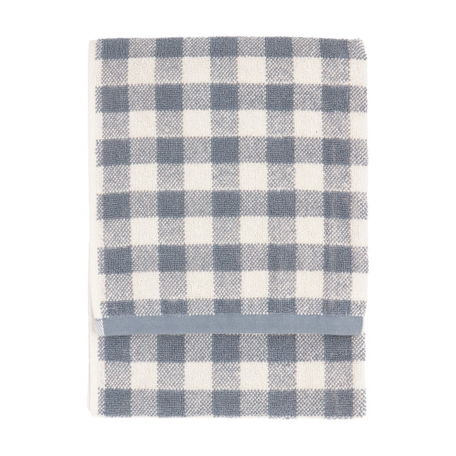 Barton Gingham Cotton Towel folded flat, showing a denim blue and cream check pattern with a woven blue stripe border, on a plain white background.