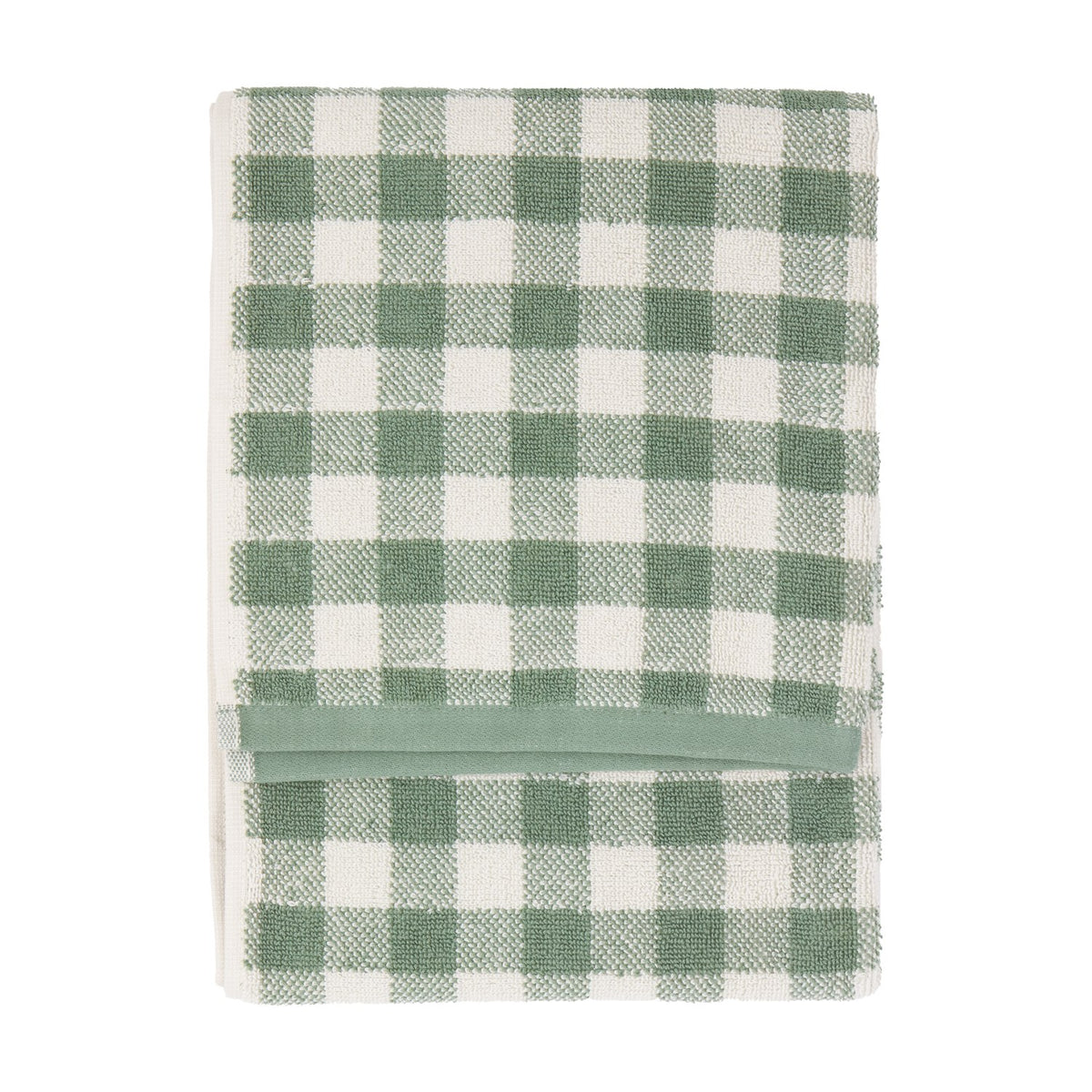 Folded Barton Gingham Cotton Towel in Forest, featuring a green and white check pattern with a plain green woven band, shown on a white background.