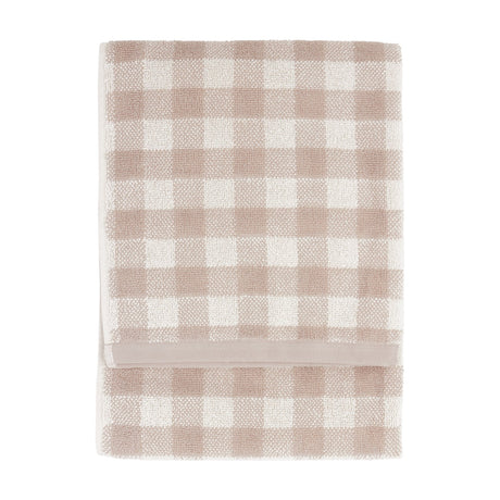 Folded Barton Check Gingham cotton towel in natural and cream check, shown against a plain white background.