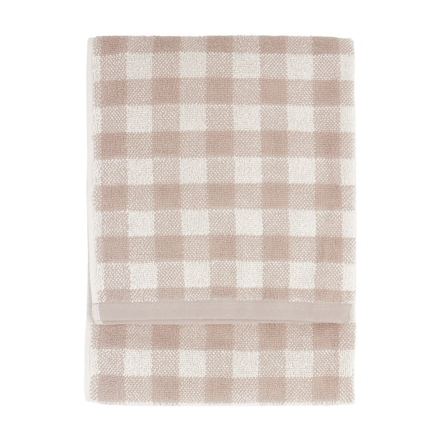 Folded Barton Check Gingham cotton towel in natural and cream check, shown against a plain white background.
