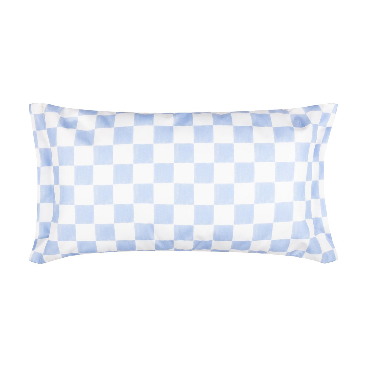 Rectangular polyester cushion with a blue and white checkerboard pattern and flanged edge, shown on a plain white background.