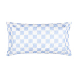 Rectangular polyester cushion with a blue and white checkerboard pattern and flanged edge, shown on a plain white background.