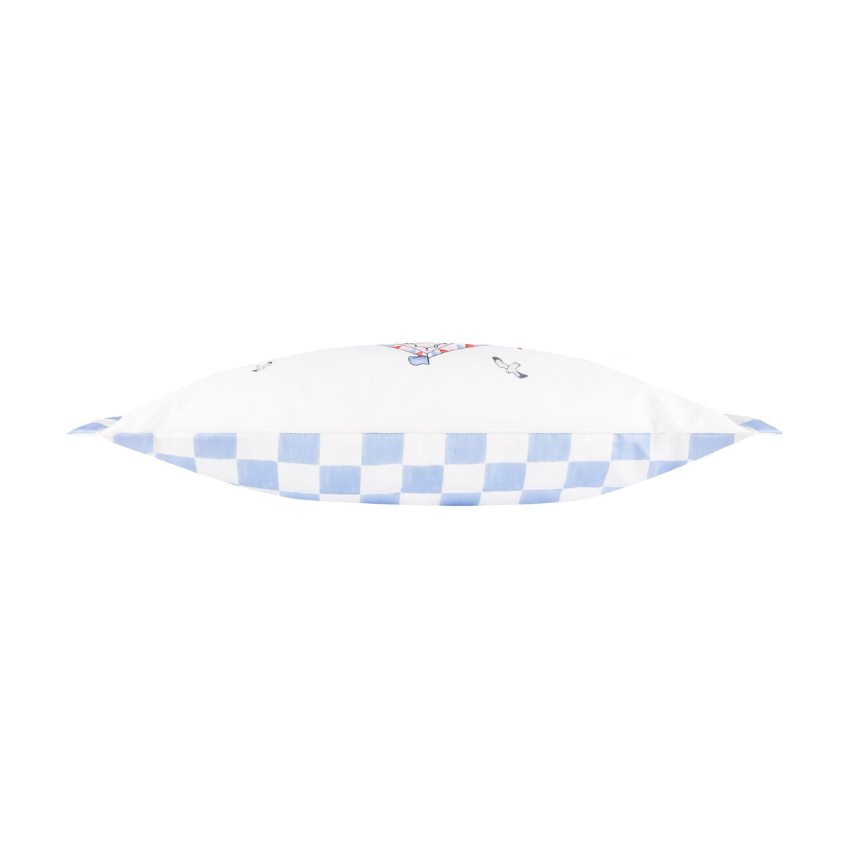Side view of the Beach Huts Gingham Polyester Cushion showing its slim profile, with a white seaside-print top and blue-and-white gingham base, on a plain white background.