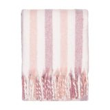 Beechwood Striped Cotton Throw in Camellia, a woven ivory throw with pink and dusky rose stripes and twisted fringe ends, shown on a plain white background.