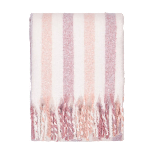 Beechwood Striped Cotton Throw in Camellia, a woven ivory throw with pink and dusky rose stripes and twisted fringe ends, shown on a plain white background.