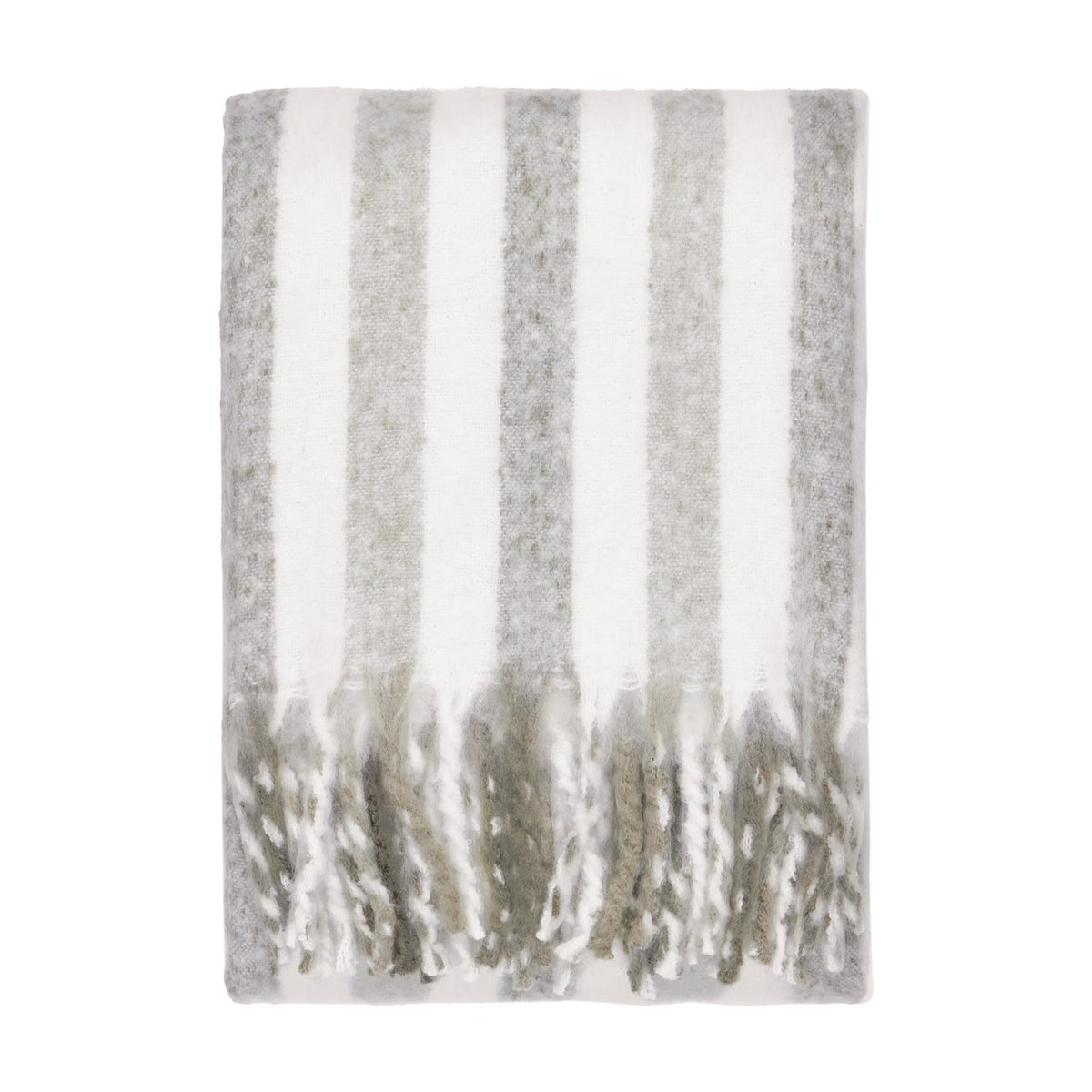 Beechwood Striped Cotton Throw in Heath, a folded off-white and grey vertical-stripe throw with twisted fringed edges, shown on a plain white background.