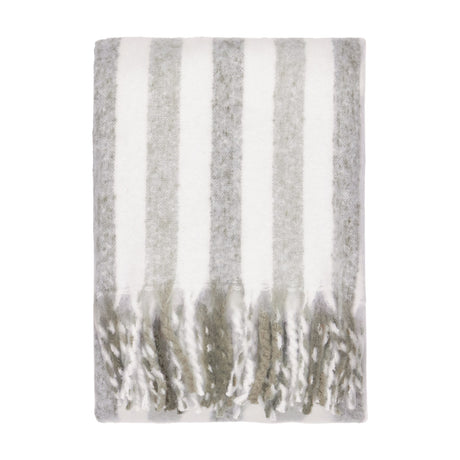 Beechwood Striped Cotton Throw in Heath, a folded off-white and grey vertical-stripe throw with twisted fringed edges, shown on a plain white background.
