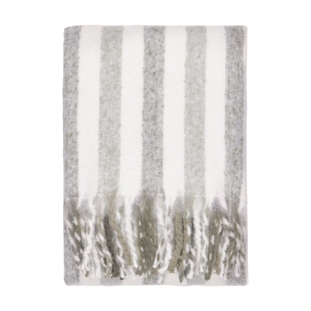 Beechwood Striped Cotton Throw in Heath, a folded off-white and grey vertical-stripe throw with twisted fringed edges, shown on a plain white background.