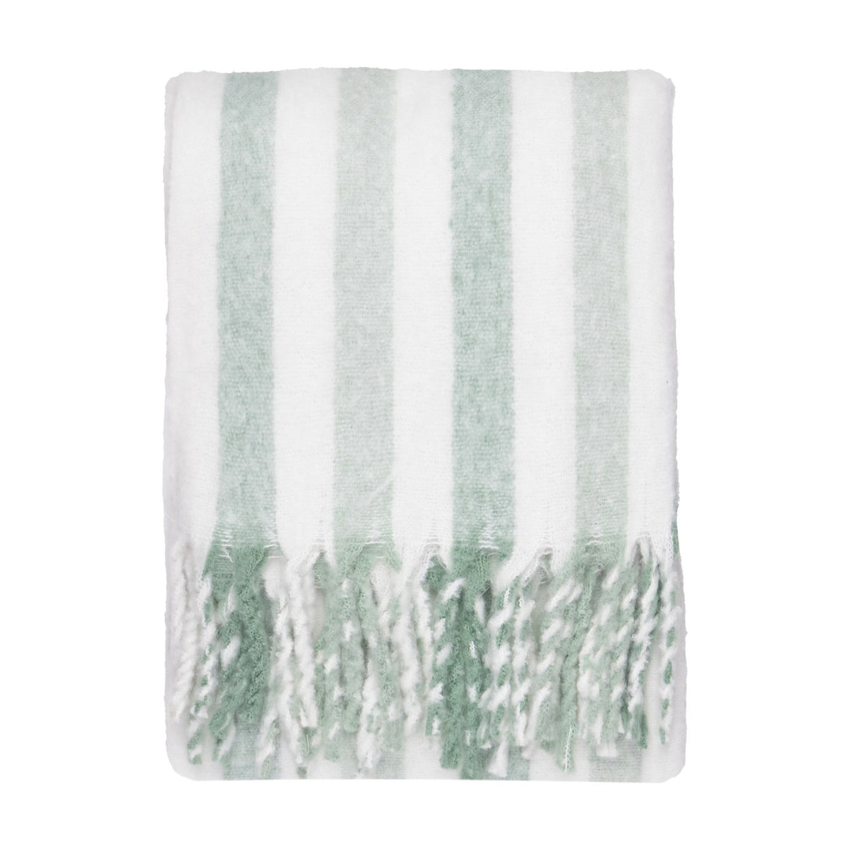Beechwood Striped Cotton Throw in Moorland Green, folded with brushed sage green and off-white vertical stripes and a knotted fringe edge, shown on a plain white background.