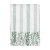 Beechwood Striped Cotton Throw in Moorland Green, folded with brushed sage green and off-white vertical stripes and a knotted fringe edge, shown on a plain white background.