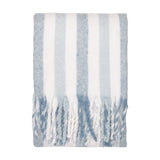 Beechwood Striped Polyester Throw in Sky Blue, folded to show broad sky blue and cream stripes with fringed trim, on a plain white background.
