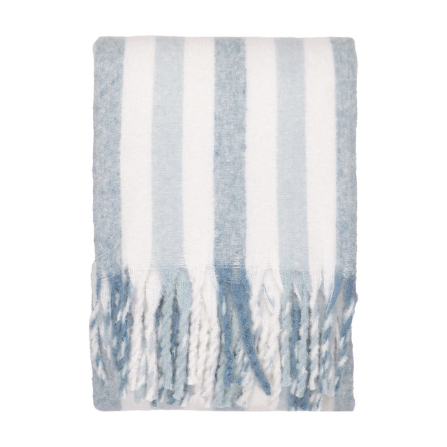 Beechwood Striped Polyester Throw in Sky Blue, folded to show broad sky blue and cream stripes with fringed trim, on a plain white background.