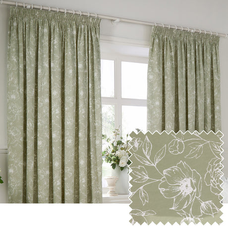 Bella fully lined cotton pencil pleat curtains in sage green with a white outline floral peony pattern, shown hanging beside a bright window with a floral arrangement, alongside a fabric swatch.
