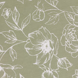 Close-up of Bella pencil pleat curtain fabric in sage green cotton, featuring fine white outline linework of peonies and open flowers.