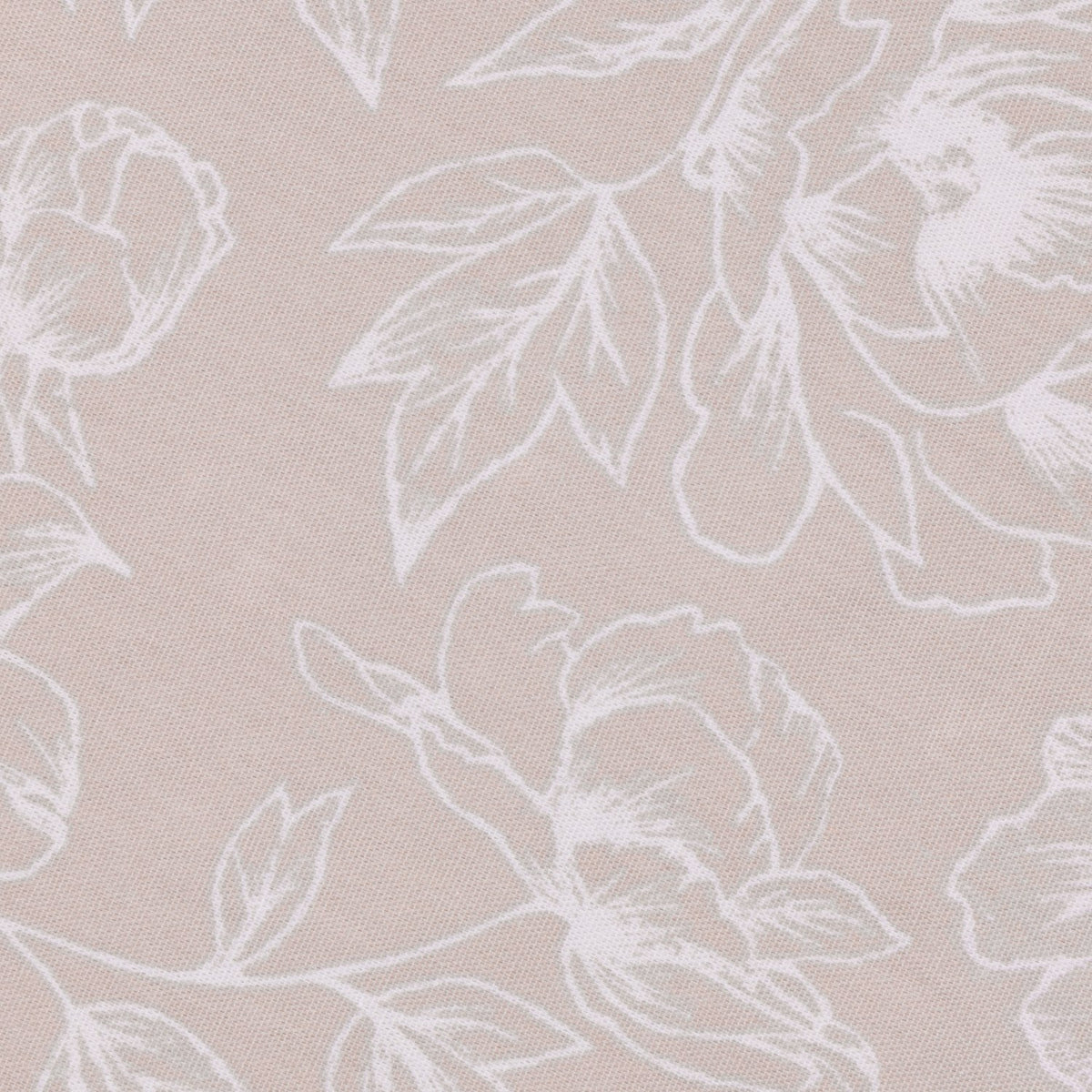 Bella pencil pleat curtains close-up in cotton, showing a digitally printed white outline floral pattern on a soft natural neutral ground.