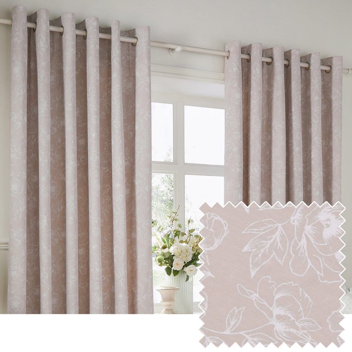 Bella Cotton Fully Lined Eyelet Curtains in Natural, shown as a pair on a metal pole beside a window, with white floral line-work on a soft natural ground and fabric swatch inset.