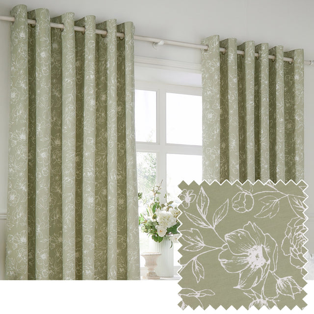 Bella Cotton Fully Lined Eyelet Curtains in sage, shown as a pair on a wooden pole beside a window, with white outline floral peony print and a matching fabric swatch inset.