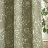 Bella Cotton Fully Lined Eyelet Curtains in sage, shown draped in soft folds with a white outline floral peony and leaf print, near a window with white blooms.